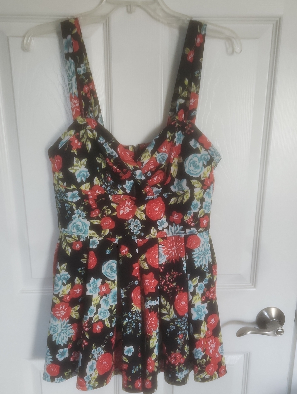Floral Black One-Piece Dress - Red & Blue Flowers